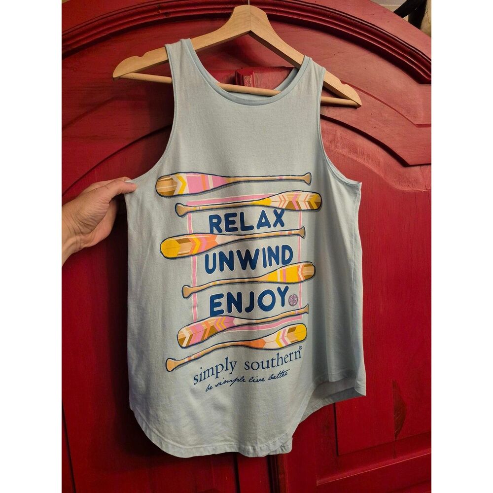 Simply Southern Sze Small Relax Unwind Enjoy Light Blue Tank Top Canoe Beach EUC